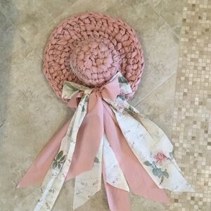 Handmade Pink Crochet Hat with Floral Ribbons decoration